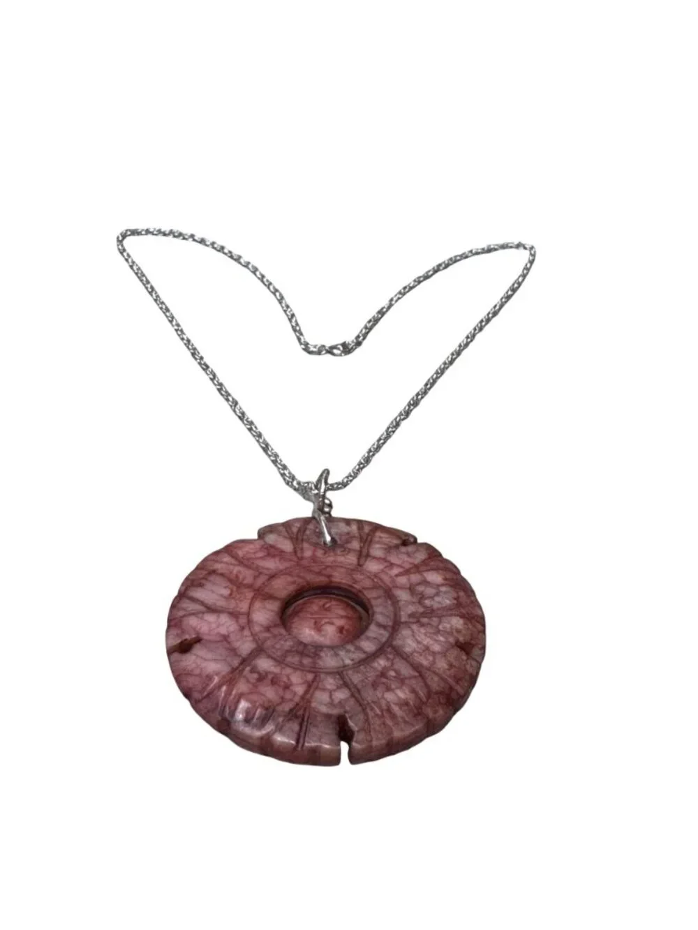 Vtg Rhodochrosite Sterling Silver Chain Necklace Stone Pendant Carved Amulet 18" - Picture 3 of 14